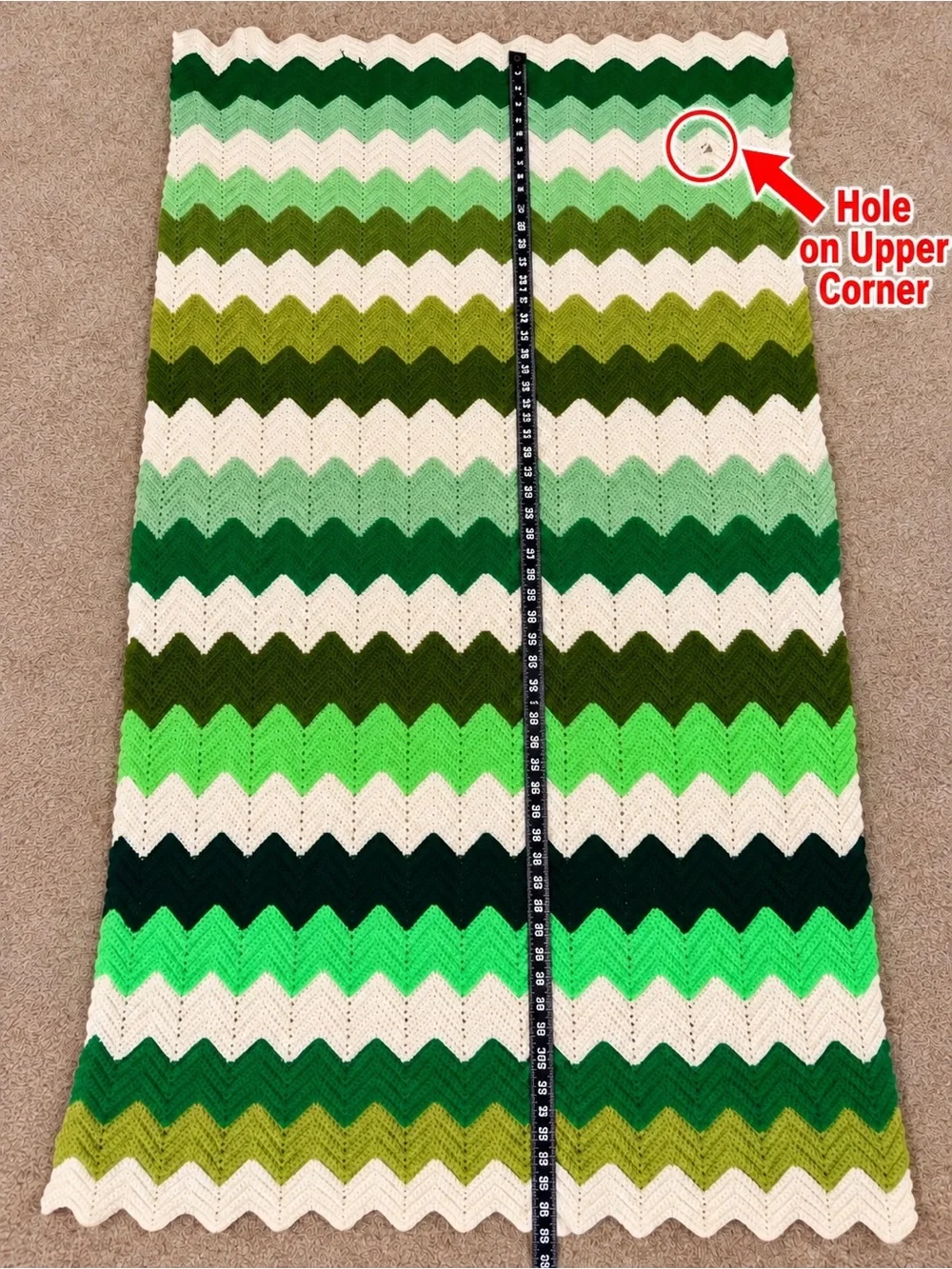 Vintage Handmade Crochet Chevron Afghan Blanket – Green & White